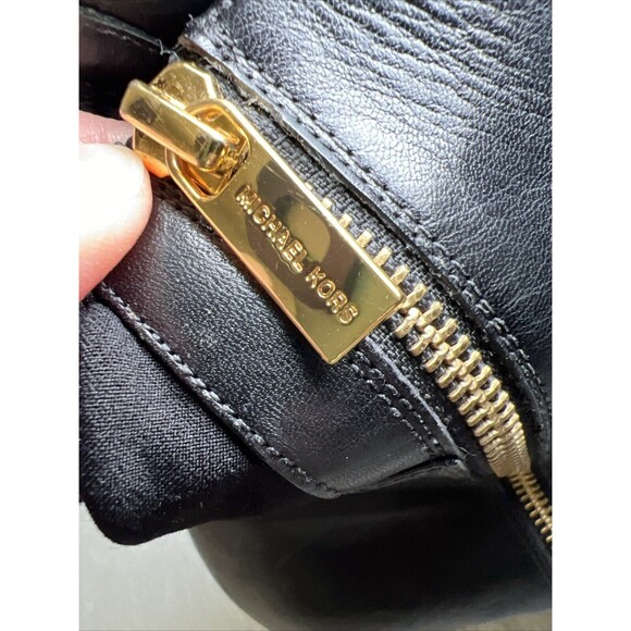 Michael Kors Leather Ankle Bootie Wedge Womens 6.5 Black Gold Accents - Picture 5 of 13